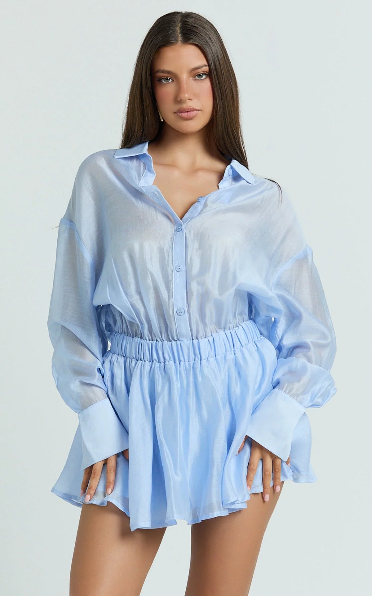 Pascal Mini Dress - Button Down Elastic Waist Shirt Dress in Cornflower Blue