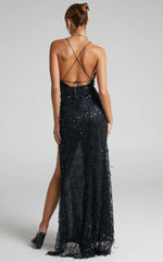 Maieth Maxi Dress - Drape Sequin Halter Cross Back Dress in Black