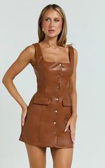 Nami Mini Dress - Faux Leather Square Neck Gold Button Dress in Camel