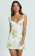 Azra Mini Dress - Georgette Frill Shoulder Sweetheart A Line Dress in Antique Florals