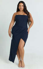 Daniella Maxi Dress - Strapless Corset Draped Asymmetrical Dress in Navy