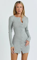Nikola Mini Dress - Long Sleeve Placket Front Bodycon Dress in Grey Marle