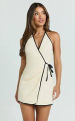Connie Mini Dress - Linen Halter Neck Wrap Dress in Ecru