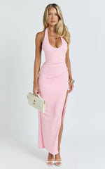 Ruby Maxi Dress - Halter Scoop Neck Low Back Bodycon Dress in Pink