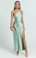 Isla Maxi Dress - Satin One Shoulder Side Split Dress in Sage