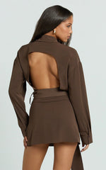 Joyce Mini Dress - Backless Tie Waist Shirt Dress in Chocolate