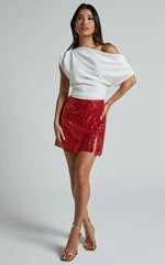 Elswyth Mini Skirt - Side Split Sequin Skirt in Red