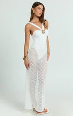 Adalia Maxi Dress - Strappy Hardware Rosette Trim Jersey Bodysuit Crochet Column Skirt Dress in Off White