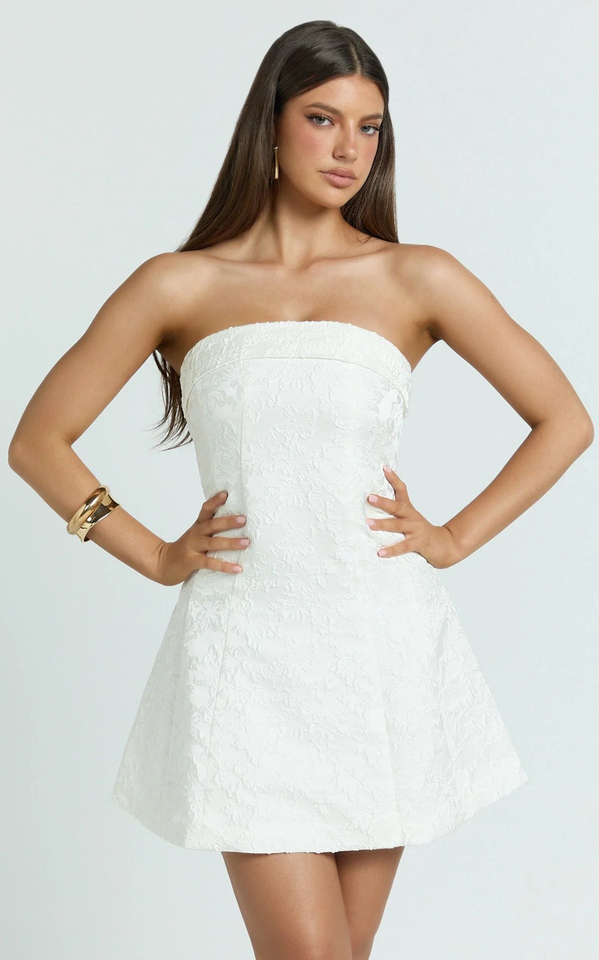 Courtney Mini Dress - Satin Paneled Strapless A Line Dress in White