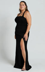 Lainie Maxi Dress - Straight Neck Thigh Split Cross Back in Black