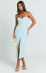 Anessa Midi Dress - Button Front Bustier Fitted Dress in Blue