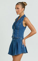 Nikita Mini Skirt - Mid Waisted Denim Box Pleat Skirt in Dark Blue Wash