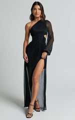 Arosa Maxi Dress - One Shoulder Long Sleeve in Black