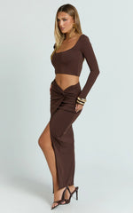 Owen Two Piece Top and Skirt Set - Long Sleeve Crop Top and Knot Front Maxi Skirt Set in Chocolate