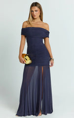 Alanna Maxi Dress - Off Shoulder Ruched Mesh Dress in Ink