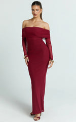 Bethanie Maxi Dress - Off The Shoulder Mesh Dress in Wine