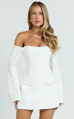 Nettie Mini Dress - Off Shoulder Longsleeve Fit and Flare Dress in White
