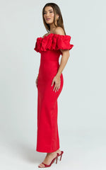 Rhaya Maxi Dress - Ruffle Off Shoulder Fitted Dress in Red