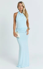 Lizzy Maxi Dress - Backless Ruched Bodycon Dress in Blue