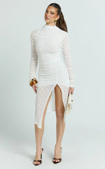 Karlene Midi Dress - Stretch Lace Long Sleeve Ruched Split Hem Dress in Ivory
