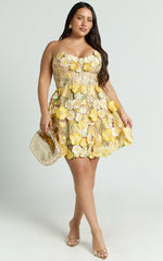 Amalie The Label - Mia Strappy Flower Detail Mini Dress - In Yellow