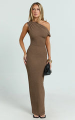 Clementine Maxi Dress - Tip Shoulder Ruched Bodycon Dress in Chocolate