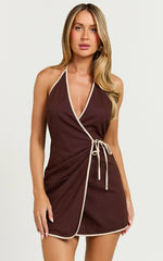 Connie Mini Dress - Linen Halter Neck Wrap Dress in Chocolate