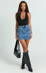 Lara Mini Skirt - High Waisted Denim Skirt in Dark Blue Wash