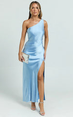 Isla Maxi Dress - Satin One Shoulder Side Split Dress in Blue