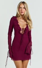 Alesya Mini Dress - Ruffle Plunge Neck Long Sleeve Tie Detail Dress in Wine