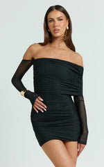 Imelda Mini Dress - Tipped Off Shoulder Long Sleeve Ruched Fitted Skirt Dress in Black