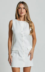 Kiara Mini Dress - Scoop Neck Button Down Dress in White