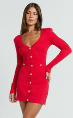 Nikka Mini Dress - Long Sleeve V Neck Bodycon Knit Dress in Red