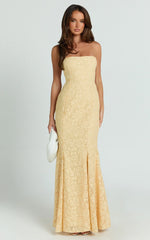 Belrose Maxi Dress - Jacquard Square Neck Fit And Flare Dress in Yellow