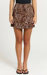 Laney Mini Linen Blend Skirt - High Waist A Line Skirt in Leopard Print
