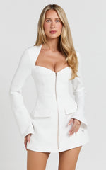 Lausanne Mini Dress - Sweetheart Neck Long Sleeve Zip Front Tulip Dress in White