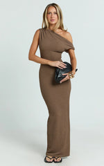Clementine Maxi Dress - Tip Shoulder Ruched Bodycon Dress in Chocolate