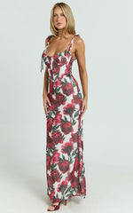 Mabel Maxi Dress - Georgette Frill Sleeve Sweetheart Bias Cut Dress in Rose Blanca