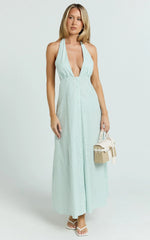 Jeienn Midi Dress - Line Placket Front Skirt Dress in Mint Stripe