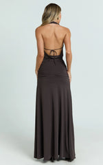 Janice Maxi Dress - Plunge Cowl Halter High Leg Split Dress in Chocolate