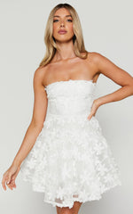 Rheiva Mini Dress - Strapless 3D Embroidery Dress in White