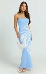 Rema Maxi Dress - Intarsia Floral Strapless Knitted Dress in Light Blue