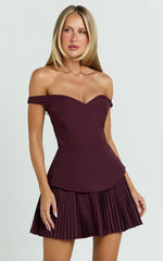 Izara Mini Dress - Off Shoulder Pleated Dress in Wine