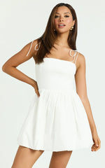 Kimberly Mini Dress - Square Neck Bubble Hem Dress in White