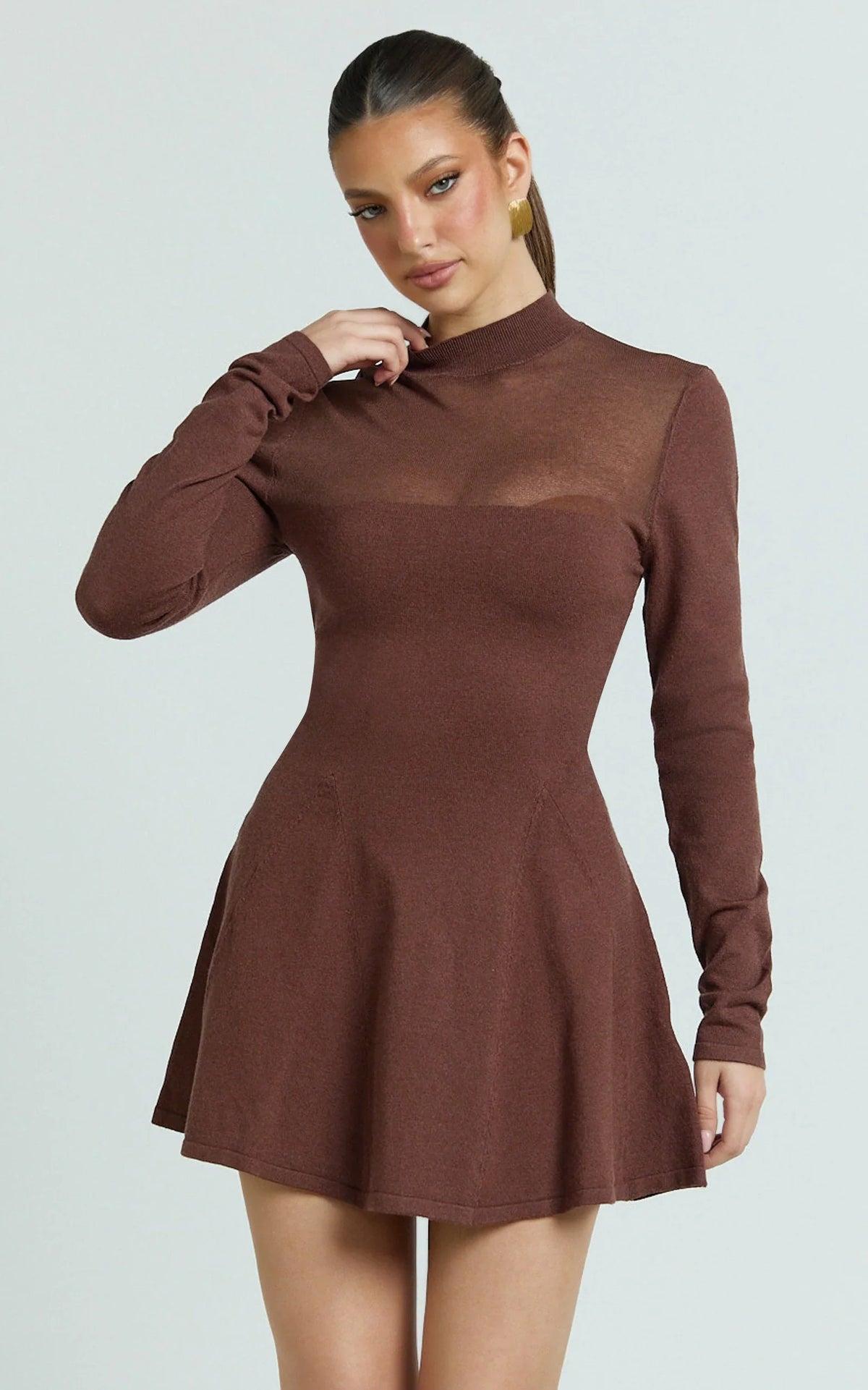 Camilla Mini Dress - Turtle Neck Fit And Flare Sheer Contrast Knit Dress in Chocolate