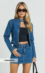 Pamela Mini Skirt - Low Rise Double Button Recycled Denim Skirt in Dark Blue Wash