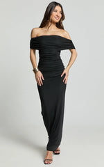 Caterina Maxi - Ruched Off Shoulder Mesh Dress in Black
