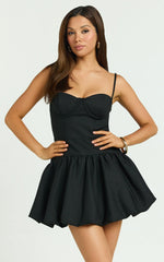Kacey Mini Dress - Textured Drop Waist Bubble Hem Dress in Black