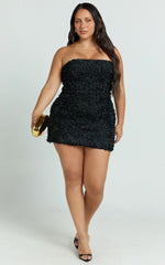 Cassia Mini Dress - Strapless 3D Floral Lace Up Back Dress in Black