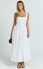 Donatella Midi Dress - Ruched Bust Fit And Flare Dress in White